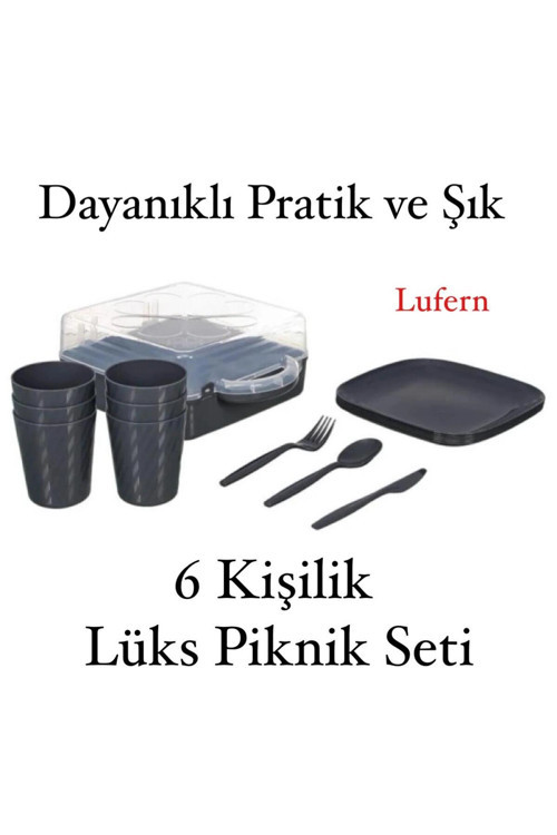 Lüx Piknik Sepeti 6 Kişilik Çatal Bıçak Bardak Kaşık Tabak Piknik Mangal Kamp Seti Hijyenik