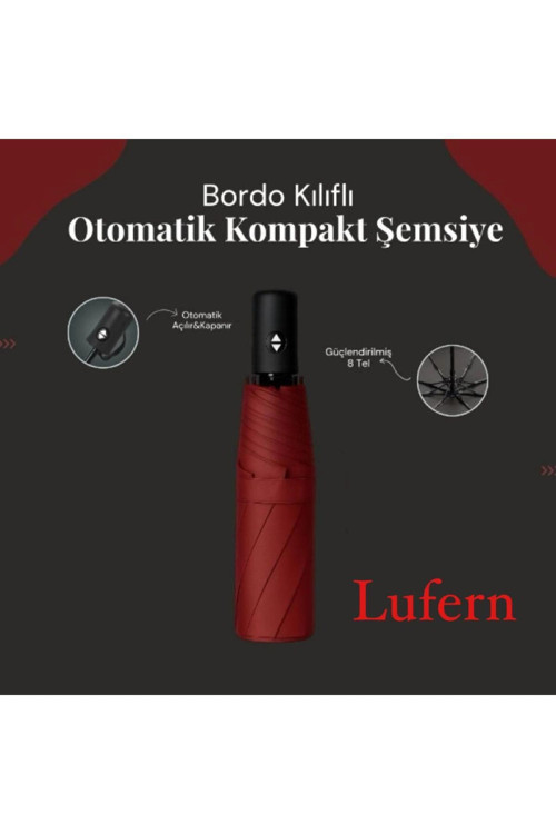 Modern Bordo Kılıflı Otomatik Kompakt Şemsiye Rüzgarda Kırılmayan 8 Telli Su Geçirmez Seyahat Ofis