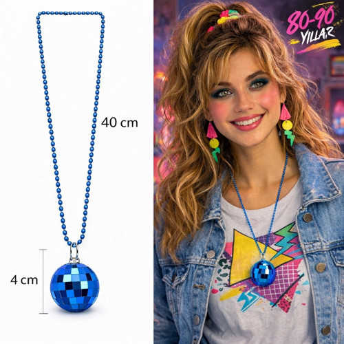 Retro Disko Topu Şekilli 80'ler 90'lar Mavi Renk Plastik Kolye (5047)