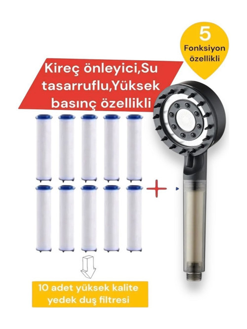 10 Adet Yedek Filtreli Siyah Renk Masaj Özellikli Duş Başlığı (Su Tasarruflu ve Kireç Önleyici Özellikli)