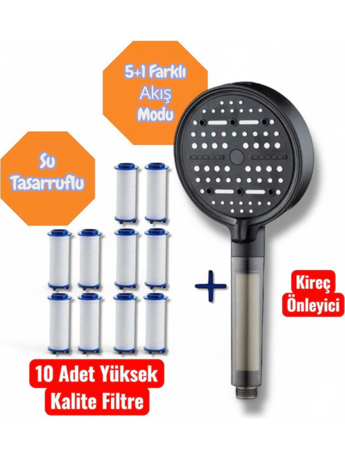 Turbo Basınç Özellikli Yeni 6 Farklı Akış Modlu Duş Başlığı Kireç Önleyici 10 Adet Yedek Filtreli