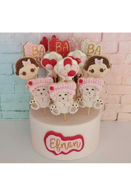 Standlı Çubuklu İsimli Yenidoğan Baby Yazılı Balonlu Ve Ayıcıklı Model Butik Kurabiye - 15 Adet