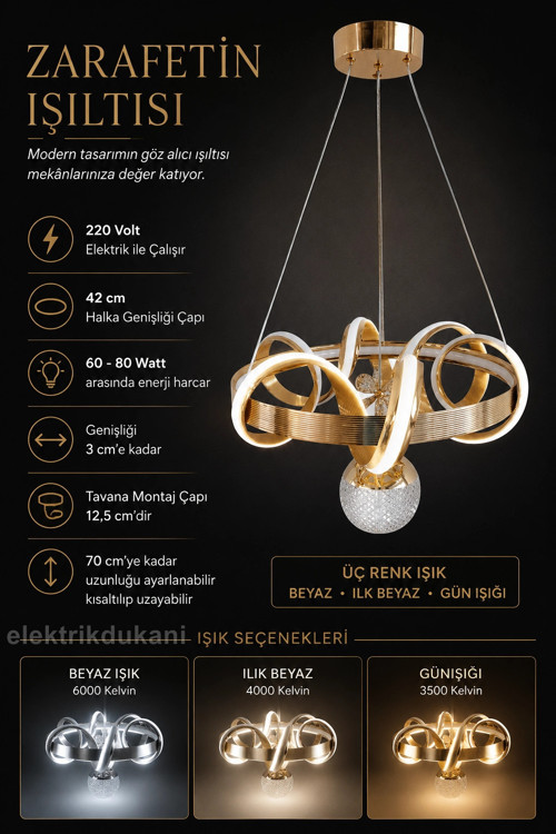 1 Toplu SARMAŞIK Sarkıt Led Avize ALTIN (Gold) Geniş Şerit Kasa Üç Renk 6500k/4000k/3000k (Beyaz