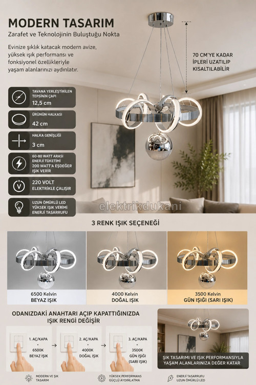 1 Toplu SARMAŞIK Sarkıt Led Avize KROM Geniş Şerit Kasa Üç Renk 6500k/4000k/3000k (Beyaz /Ilık B