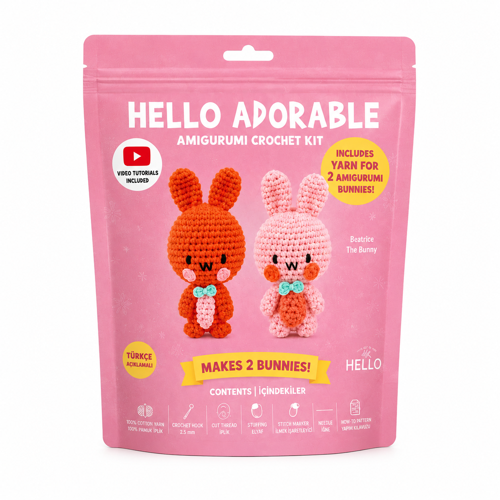 Hello Adorable Tavşan Dostlar Amigurumi Yapım Seti – 2 Tavşan Figürü, Tığ ve İplik Dahil