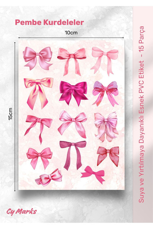 Pembe Kurdele Temalı 15 Parça Sticker Etiket Seti - Planner, Ajanda, Laptop, Telefon, Bullet Journal