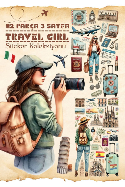 Travel Girl Sticker Seti 82 Parça - Planner Ajanda Scrapbook Bullet Journal Sticker Etiket Seti