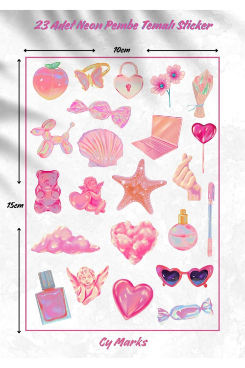 Pembe Neon Sticker Etiket Seti 23 Parça - Planner, Ajanda, Laptop, Telefon, Bullet Journal Etiketi