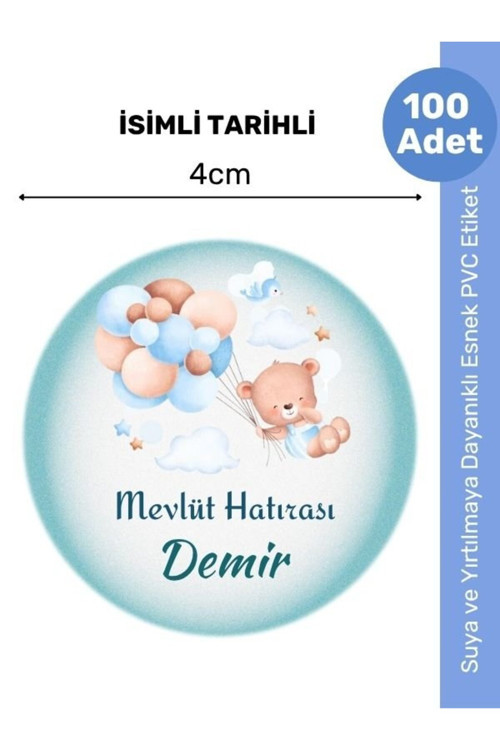 İsimli Bebek Etiketi Sticker- Mevlüt Doğum Günü Etiketi 4X4 Cm 100 Adet - Erkek Mavi