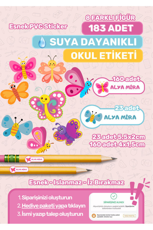 Okul Etiketi Kalem Etiketi Defter Etiketi Özel İsim Yazılabilen Etiket Kelebek Temalı 183 Adet