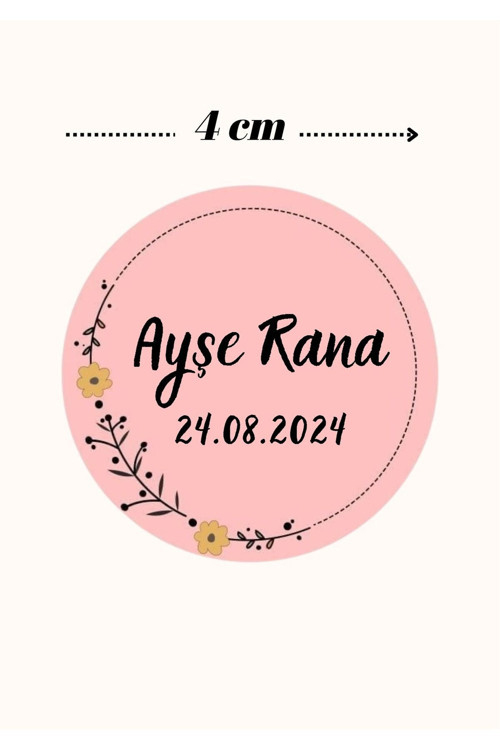 İsimli Bebek Etiketi Sticker- Mevlüt Doğum Günü Etiketi 4X4 Cm 100 Adet - Kız Pembe