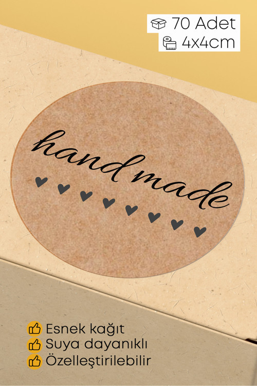 Hand Made - With Love Yazılı Sticker Paketleme Kargo Ambalaj Etiketi - 4X4Cm 70 Adet Yuvarlak