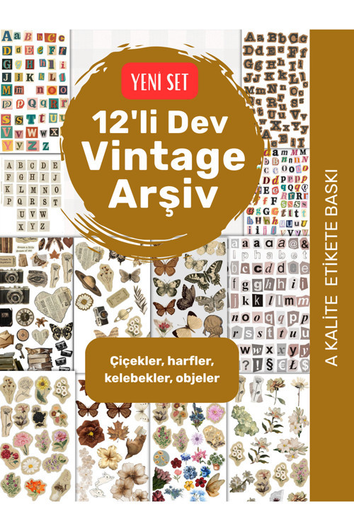 12'Li Vintage Sticker Etiket Seti 2 - Planner Ajanda Telefon Tablet Laptop Bullet Journal Etiket