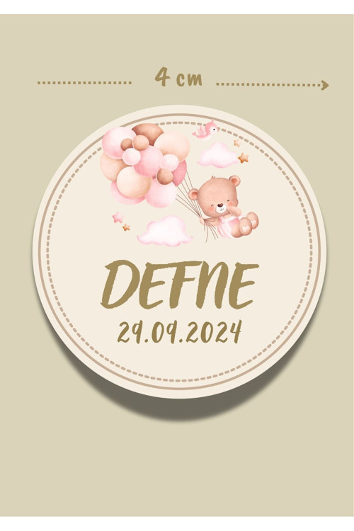 İsimli Bebek Etiketi Sticker- Mevlüt Doğum Günü Etiketi 4X4 Cm 100 Adet - Kız Bej