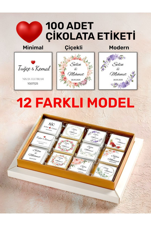 Çikolata Etiketi - Kişiye Özel Söz Nişan Nikah Çikolata Etiketi Sticker 3,6X3,6Cm Kare 100 Adet