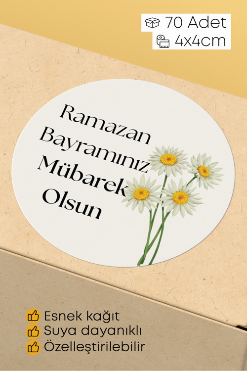 Ramazan Bayramı Temalı Paketleme Etiketi - 70 Adet 4X4Cm Yuvarlak Su Geçirmez Ambalaj Stickerı