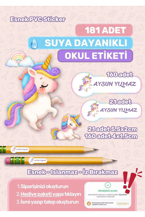 Okul Etiketi Kalem Etiketi Defter Etiketi Özel İsim Yazılabilen Etiket Unicorn Temalı 181 Adet