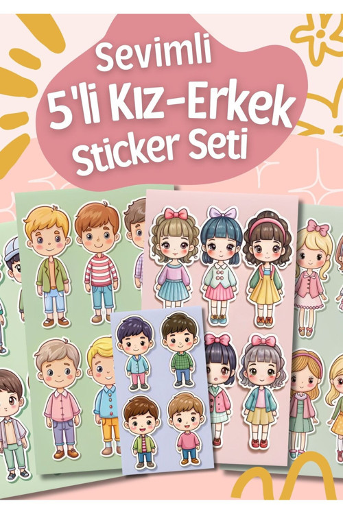 Sevimli Kız Erkek 5'Li Sticker Seti - Planner Ajanda Scrapbook Bullet Journal Sticker Etiket Seti