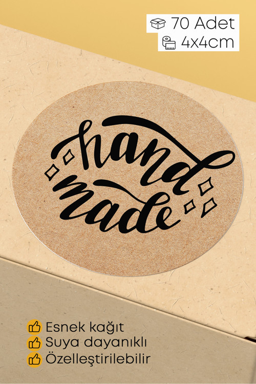 Hand Made Yazılı Sticker Paketleme Kargo Ambalaj Etiketi - 4X4Cm 70 Adet