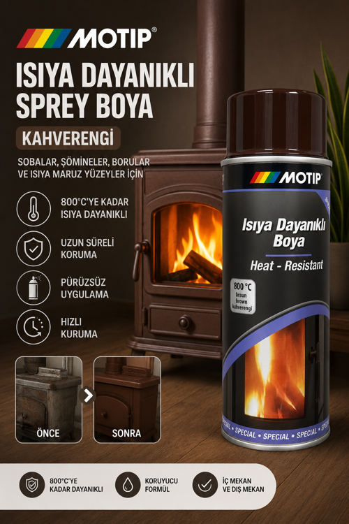 Motip Kahverengi 800° Derece Isıya Dayanıklı Yanmaz Sprey Boya 400 ML (Soba Boyası)