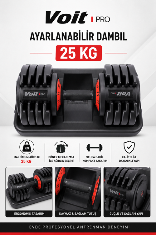 Voit Pro 25 Kg Ayarlanabilir Dambıl Seti Sehpalı Fitness Ağırlık Dumbbell Ev Tipi Spor Ekipmanı