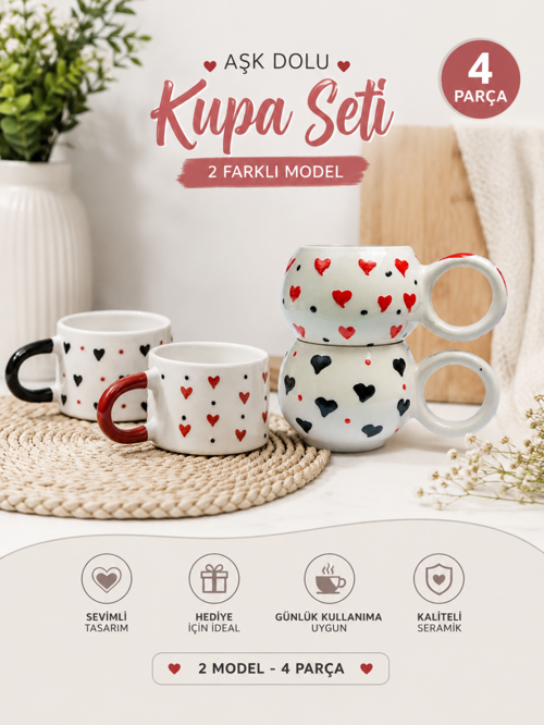 El Işlemeli 4 Parça Sevgi Kupası - Kalpli Kupa - Evli Ve Sevgili Mutluluk Kupası - Tamamen El Işcili