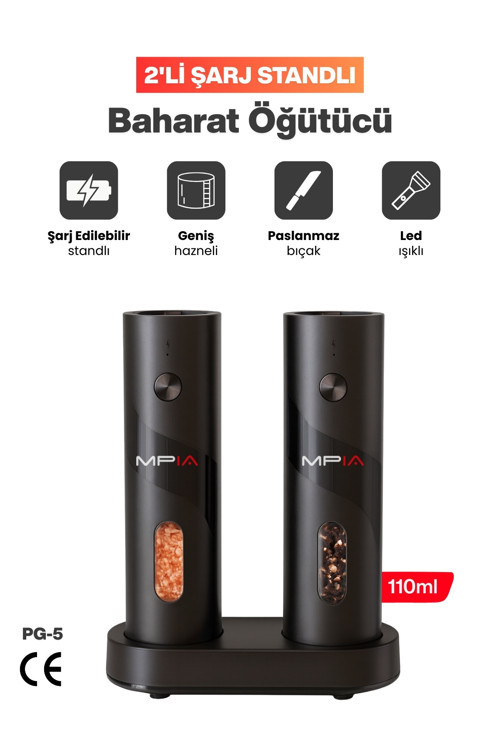 MPIA PG5 Şarjlı Baharat Öğütücü 2’li 110 ml LED Paslanmaz Çelik Bıçak Tuz Karabiber Öğütücü