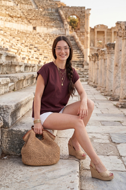 Pamuklu Rahat Kalıp Bisiklet Yaka Bayan T Shirt 5866955 BORDO
