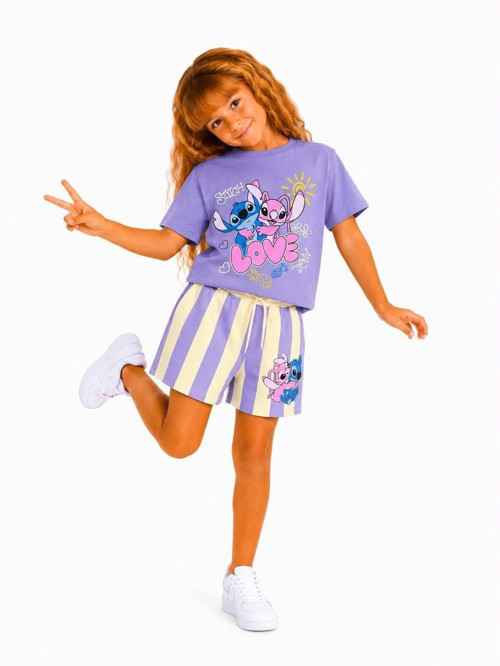 Cg Kids Stitch Baskılı Kız Çocuk Şortlu Takım - Lila Renk Yazlık Çocuk Takımı
