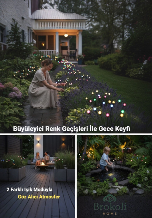 Güneş Enerjili Renkli Ateş Böceği Bahçe Lambası 2 Adet 8'li 2 Mod Solar Led Bahçe Aydınlatması