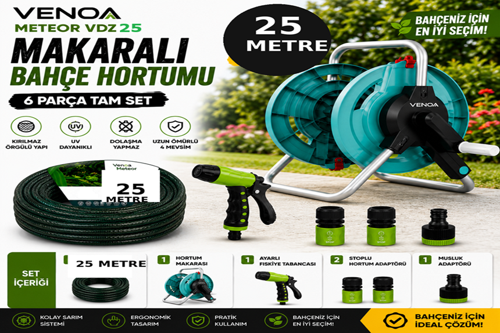 Meteor VDZ25 Kırılmaz Örgülü Makaralı Bahçe Su Hortumu 25 Mt – 6 Parça Set