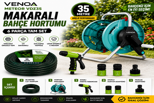 Meteor VDZ35 Kırılmaz Örgülü Makaralı Bahçe Su Hortumu 35 Mt – 6 Parça Set