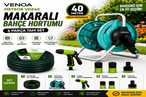 Meteor VDZ40 Kırılmaz Örgülü Makaralı Bahçe Su Hortumu 40 Mt – 6 Parça Set