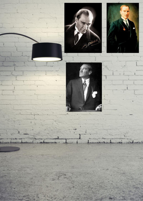 Mustafa Kemal Atatürk Ahşap Retro Vintage Poster 3 lü Set