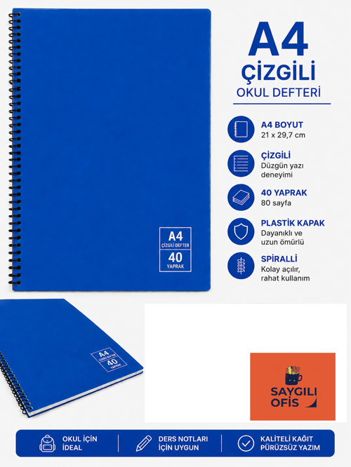 Saygılıofis 40 Yaprak A4 Spiralli Pp Kapak Çizgili Defter