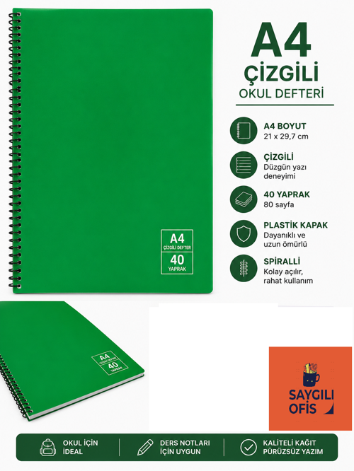 Saygılıofis 40 Yaprak A4 Spiralli Pp Kapak Çizgili Defter