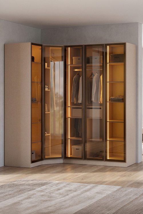 Lora Camlı Gardırop %100 MDF Çekmeceli Köşe Modüler Giyinme Odası Dolabı