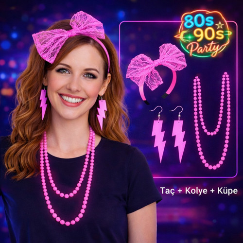 80’ler 90’lar Neon Pembe Parti Seti – Kolye Küpe Taç (5250)