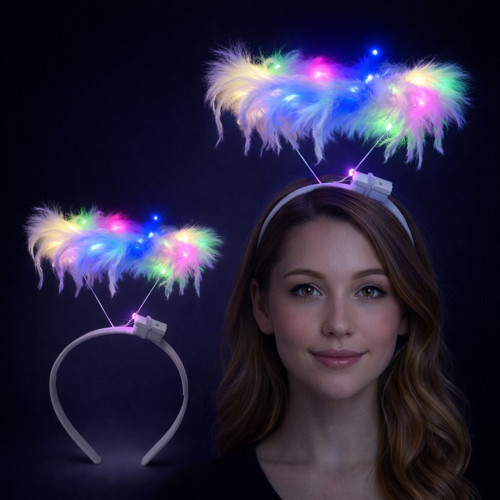 Renkli LED Işıklı Beyaz Tüylü Püsküllü Parti Tacı (5250)