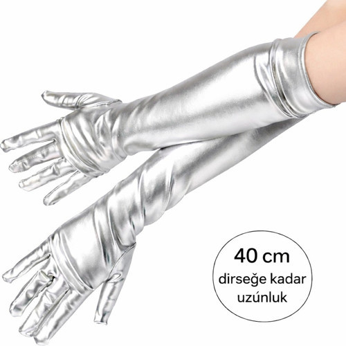 Gümüş Renk Dirsek Altı Lüks Saten Eldiven 40 cm (5250)