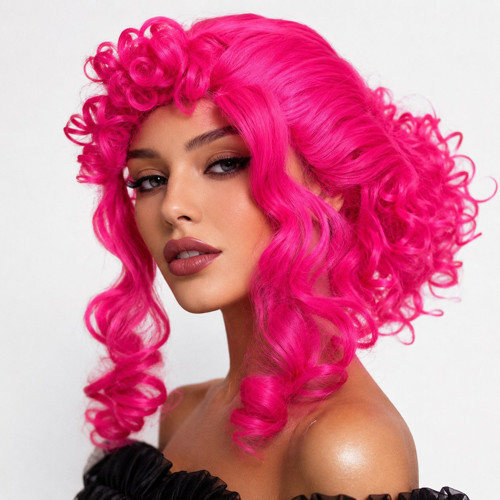 Neon Pembe Bukleli Kıvırcık Cosplay Peruğu - İçi Astarlı (5250)