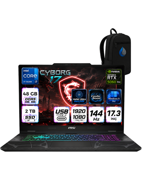 Cyborg 17 Intel Core i7-13620H 48 GB DDR5 2 TB SSD 8GB/RTX5060 17.3" FHD 144Hz Windows 11 Pro Gaming Laptop Oyuncu B
