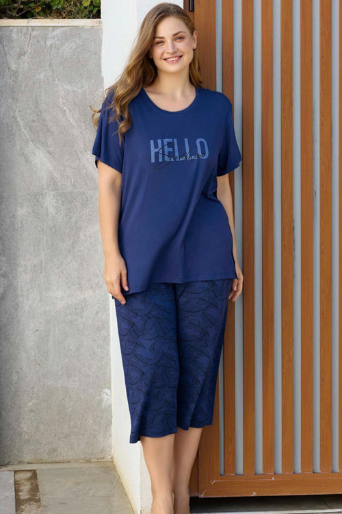 Kadın inci Büyük Beden Koyu Mavi Kapri Pijama Takım 0274