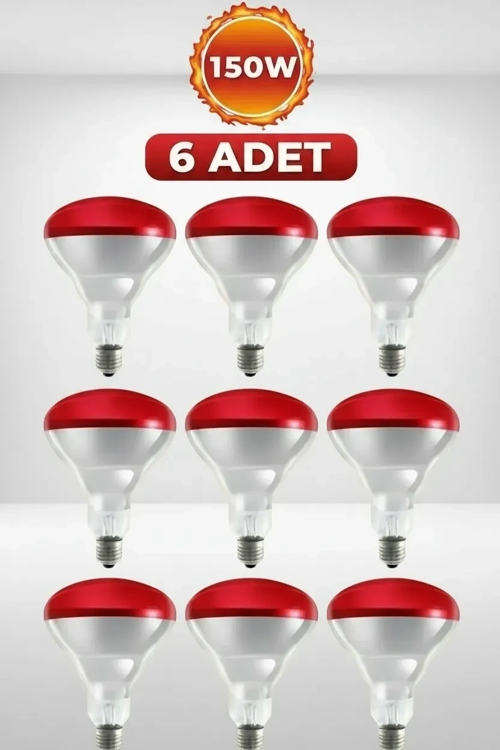 (6 Adet) 150W Kızılötesi Isıtıcılı Hayvan Isıtma ve Kuluçka Lambası (Kırmızı Işık) E2