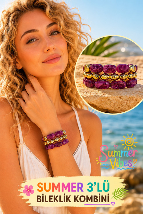 SUMMER 3LÜ DOĞAL TAŞ İNCİ KOMBİN BİLEKLİK SETİ