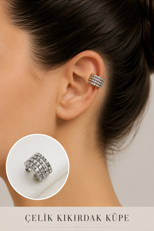 2'li Zirkon Taşlı Detaylı Kıkırdak Küpe/Earcuff/Conch (Delik Gerekmez)