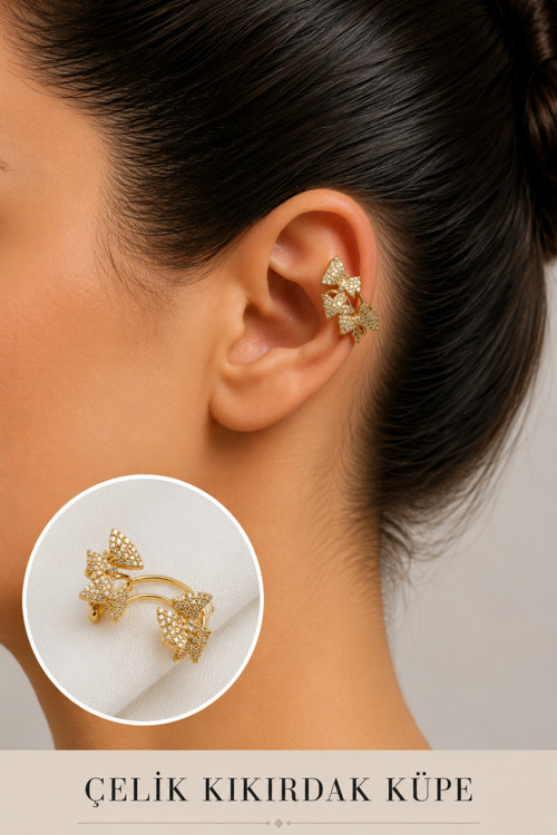 2'li Zirkon Taşlı Detaylı Kıkırdak Küpe/Earcuff/Conch (Delik Gerekmez)