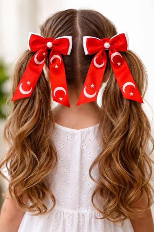 Ay Yıldız Kırmızı Fiyonk Lastik Çocuk Toka 2’li Set – 23 Nisan/10 Kasım/29 Ekim Saç Aksesuarı