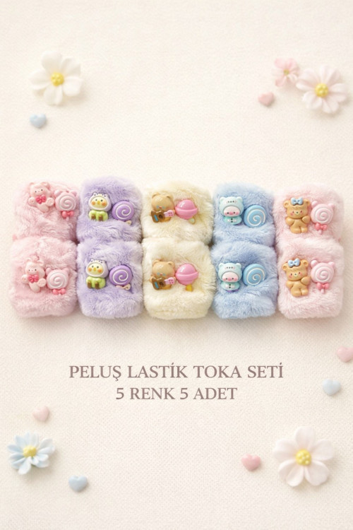 6'lı Figürlü Pastel Renkli Peluş Lastik Toka