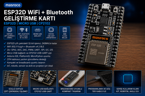 32-D WiFi Bluetooth Geliştirme Kartı DevKitC V4 (Siyah PCB, USB Kablo Dahil)